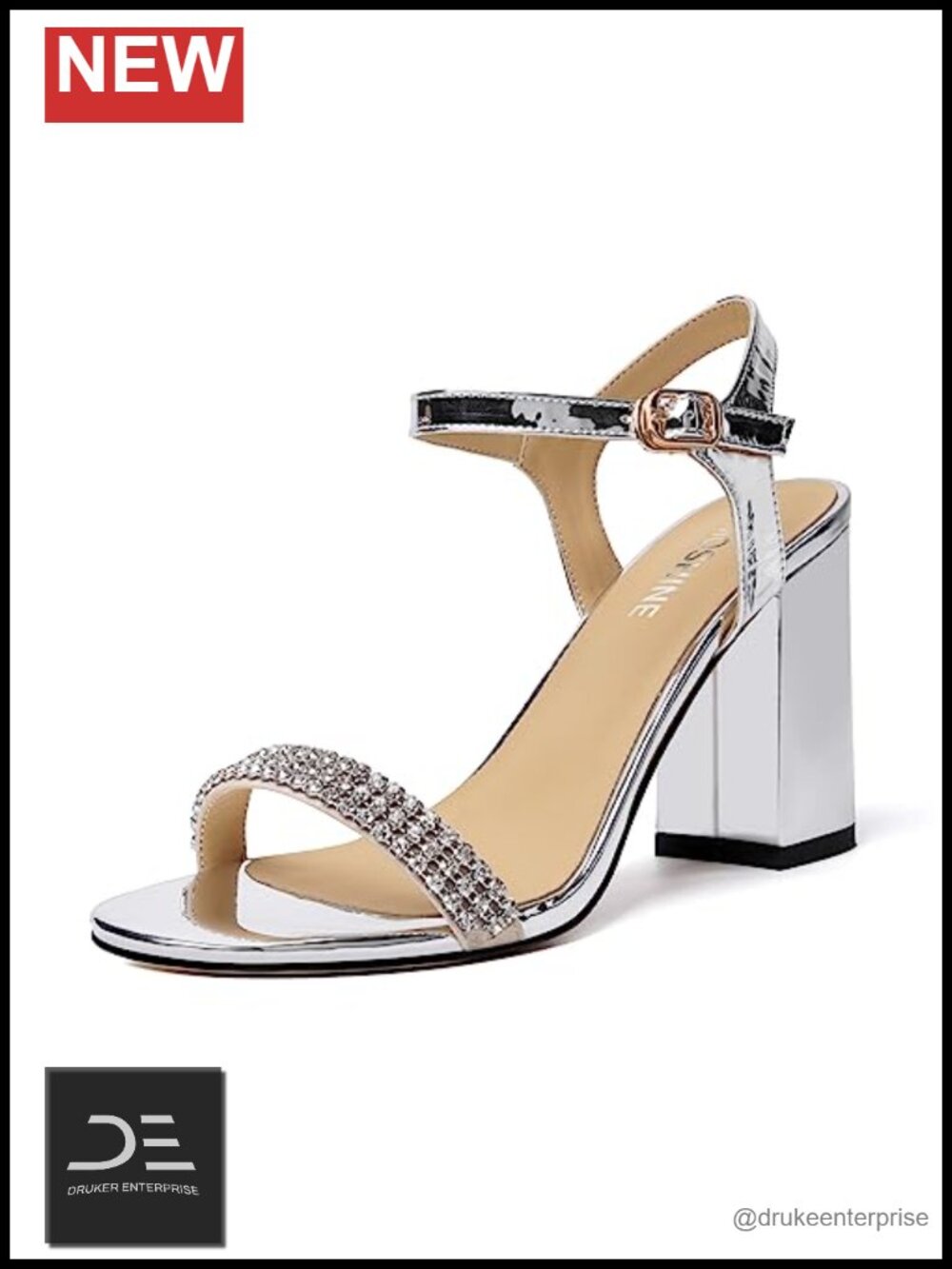 Patent Open Toe Rhinestone Ankle Strap Round Toe Block High Heel Heeled Sandals